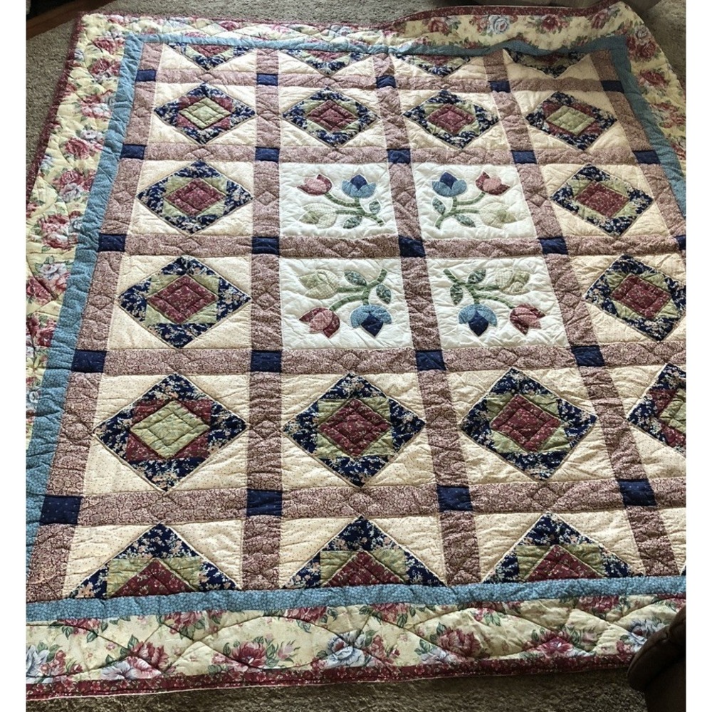 Vintage Patchwork Quilt King Size 100x92 Handmade And Quilted Burgundy Blue
